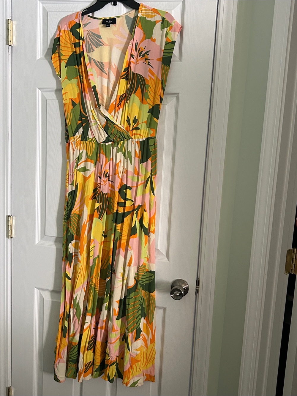 MSK Tropical Surplice Maxi Dress in Yellow, Green and Pink